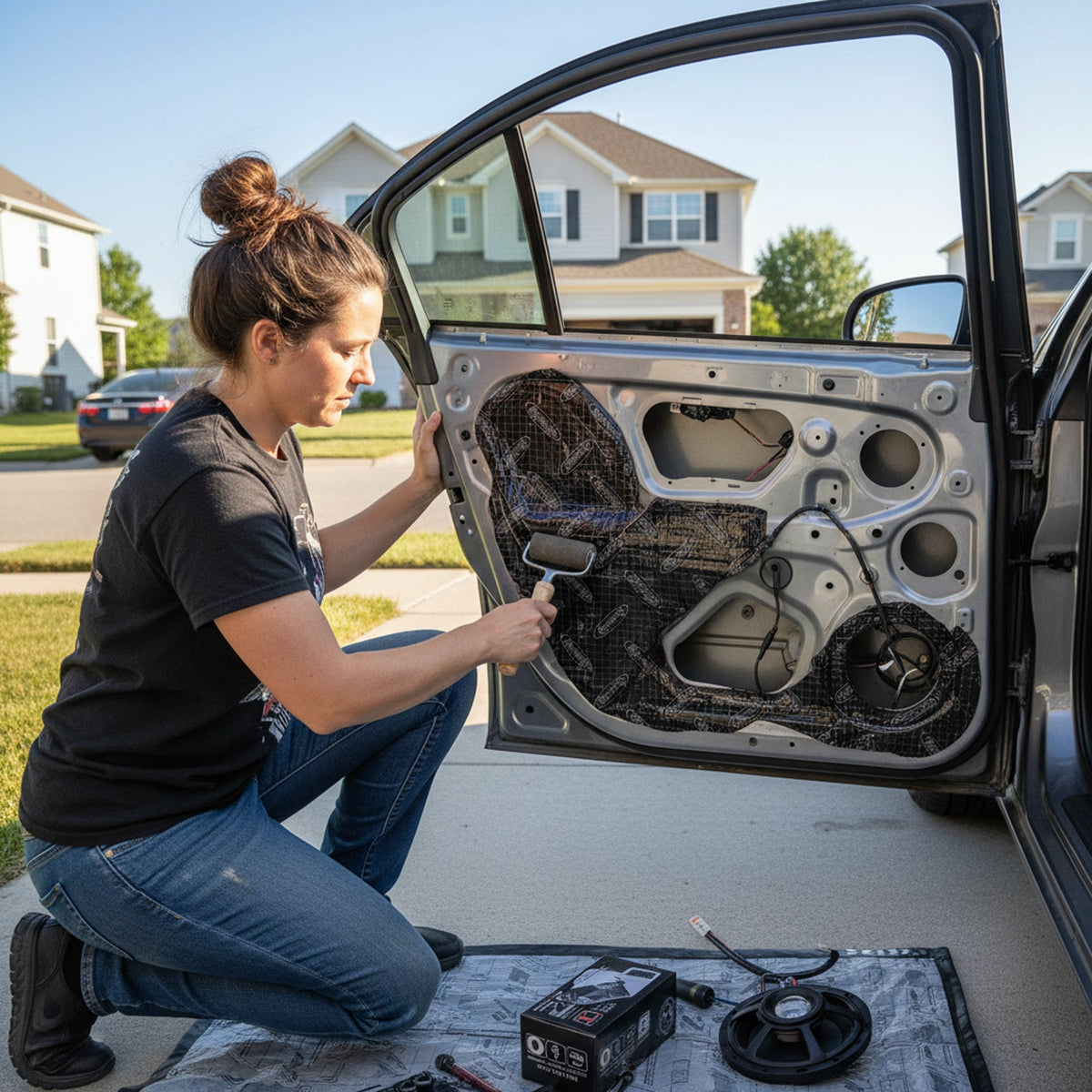 Woman using a hand roller to install sound-deadening material inside a car door.