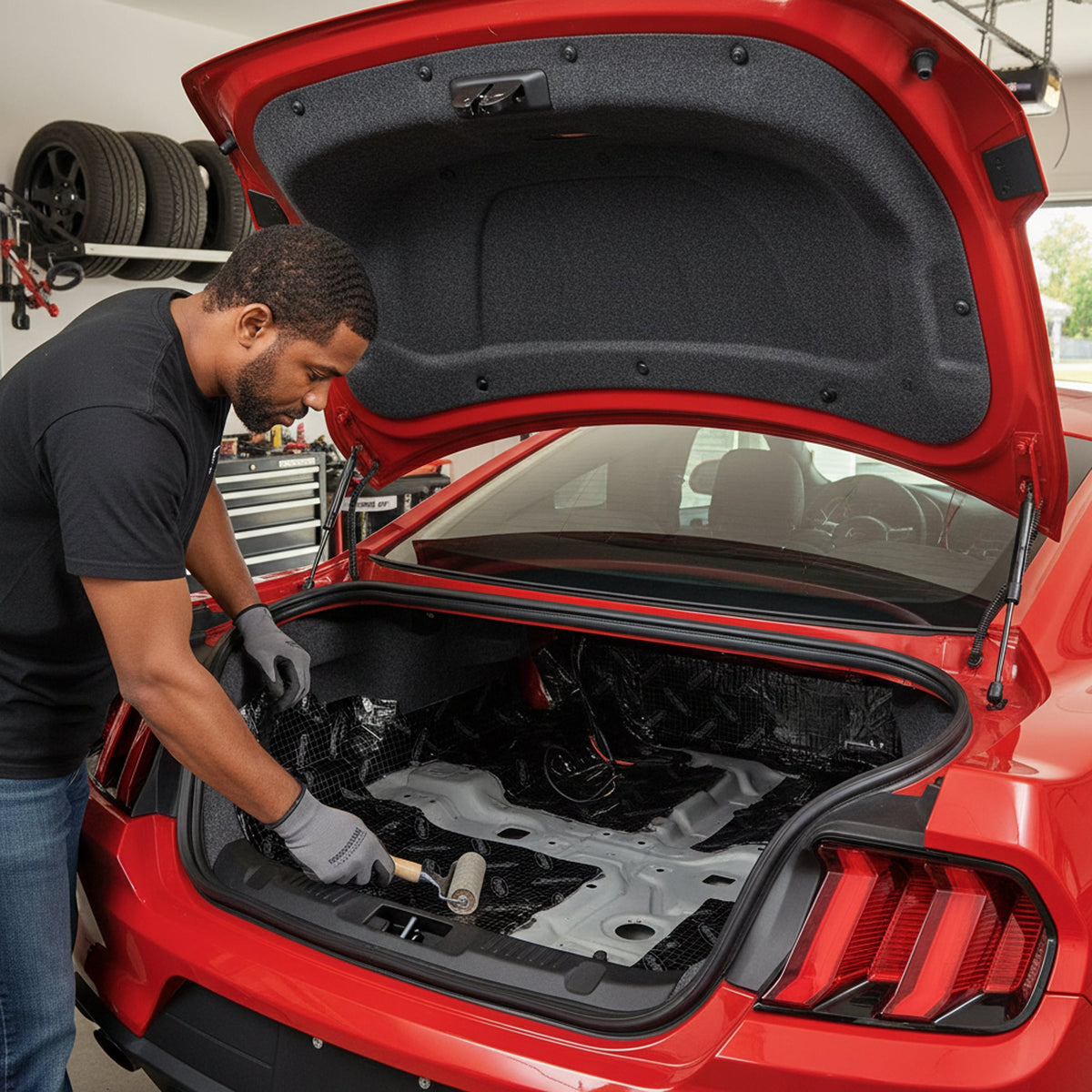 Technician using a roller to install Dynamat sound-deadening material in the trunk of a red car. 