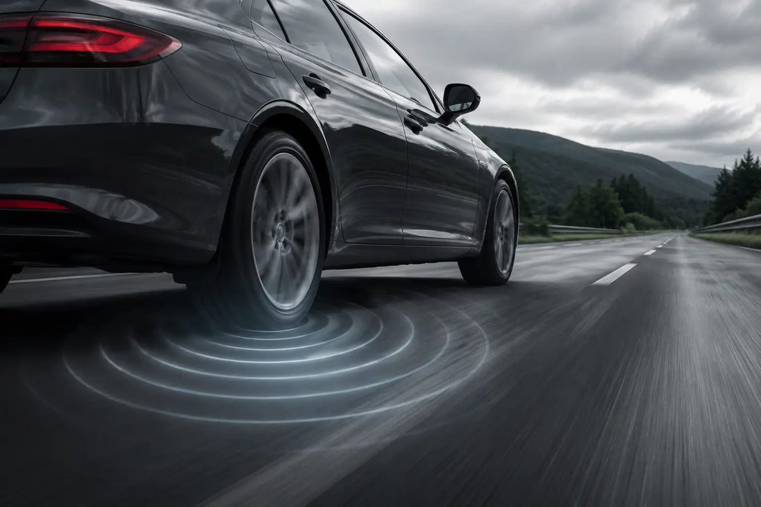 Sedan driving at highway speed with graphic sound waves around the tire area illustrating road noise and vibration generated at the contact point between the tires and pavement.&nbsp;