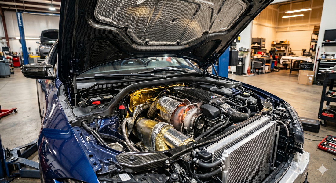 Performance car engine bay with automotive heat shield materials installed around the turbo, firewall, and hood insulation areas.