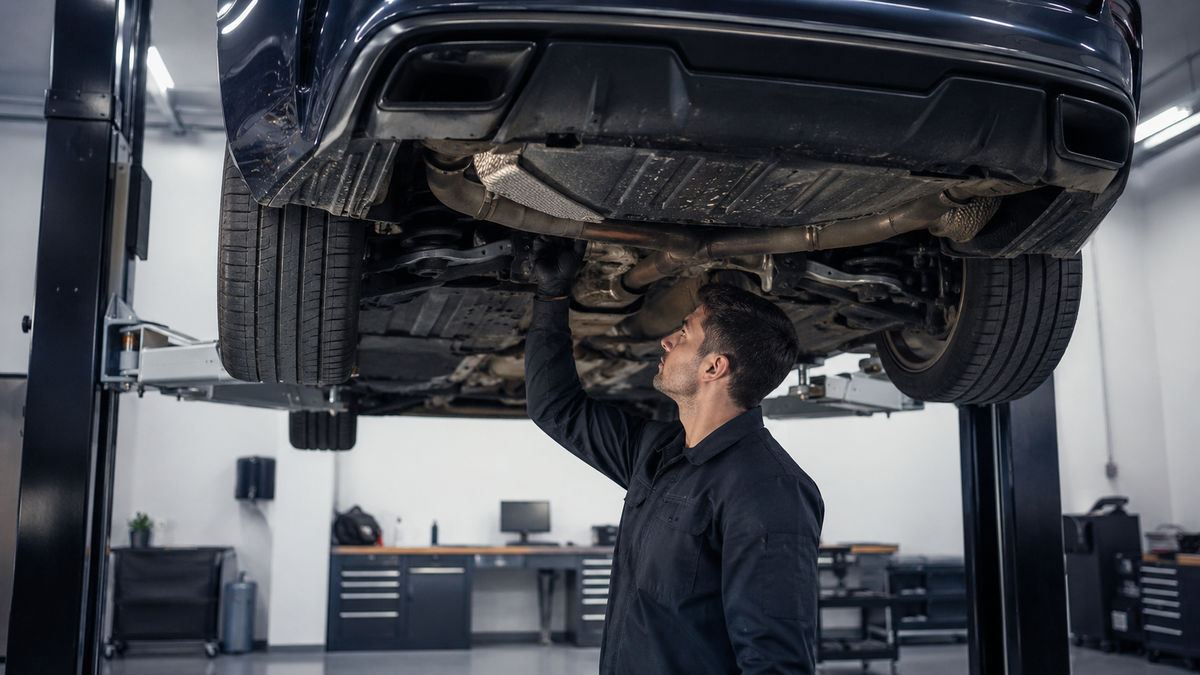 Mechanic inspecting a car’s undercarriage, exhaust, and heat shields for a rattling noise while the vehicle is raised on a two-post lift. Concept image for "car makes rattling noise when accelerating."