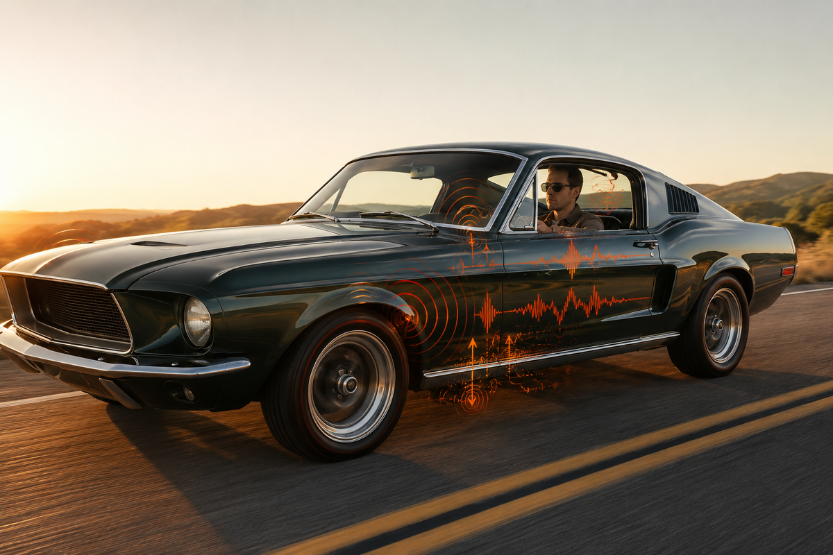 Restored late-1960s American muscle car cruising along a two-lane highway at golden hour with subtle graphics illustrating road noise and vibration entering the cabin from the floor, doors, and wheel wells.