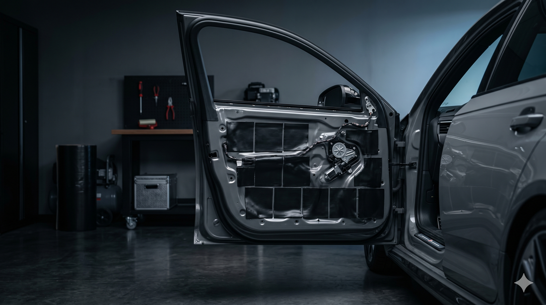  Image showing a vehicle door with installed sound-deadening material, highlighting a typical door treatment setup for vibration control and cabin noise reduction. Concept for "which Dynamat product do I need?"