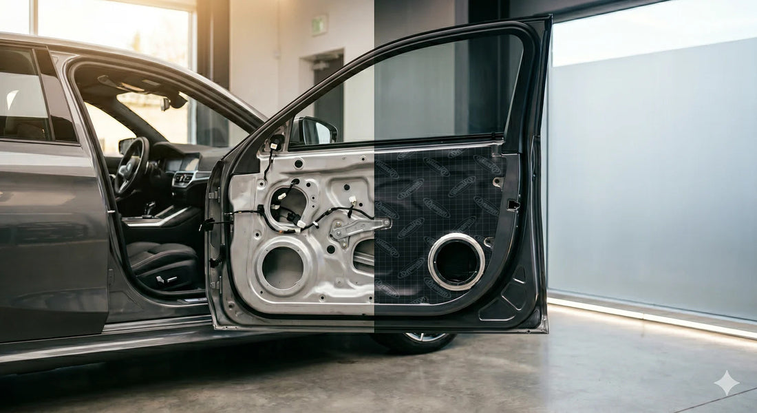 Sound deadening before and after, showing a treated front car door with installed damping material.