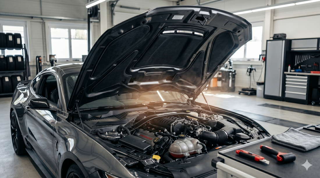 Car hood insulation installed under the hood of a modern performance car inside a professional automotive workshop.