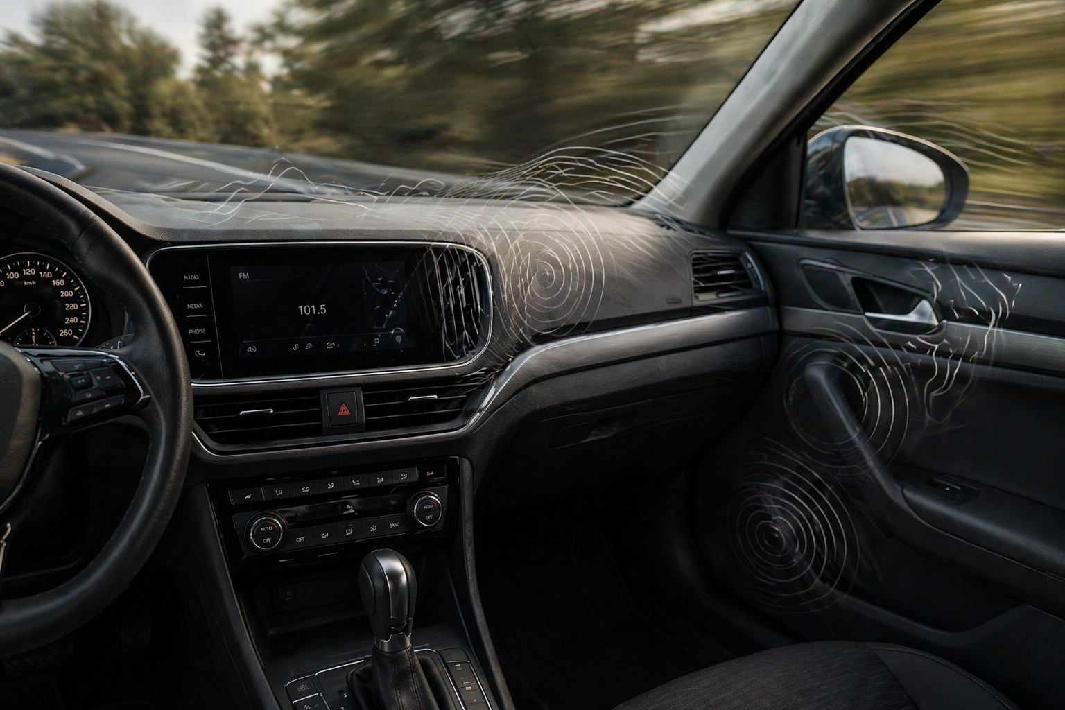 What is NVH in cars? Concept illustrated by interior view with sound waves and vibration across dashboard and door.