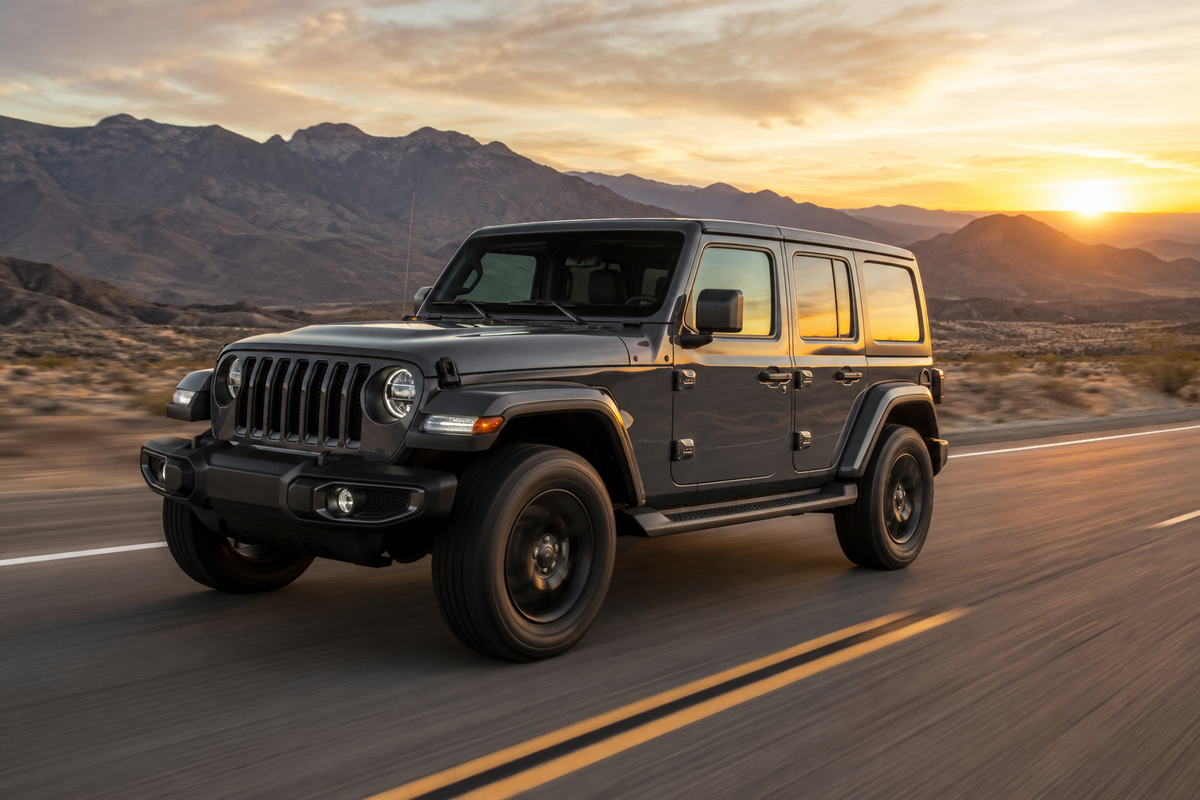 Jeep Wrangler Unlimited driving a desert highway at sunset, quieter after sound deadening.