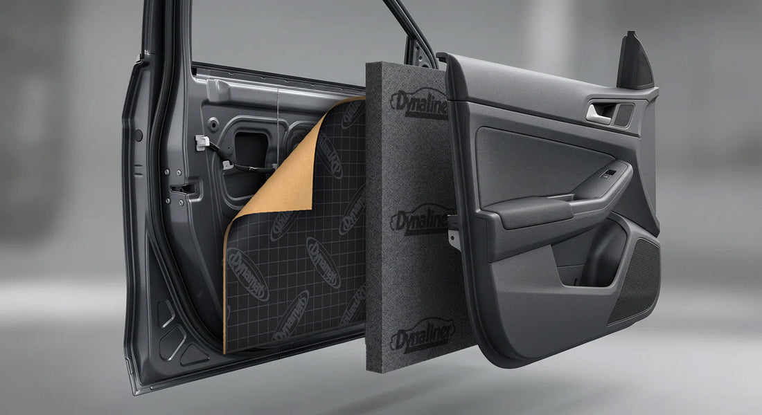 Exploded view of a car door showing butyl sound deadener bonded to the metal panel with acoustic foam layered over the top before the door card — the standard layered system for automotive sound deadening.