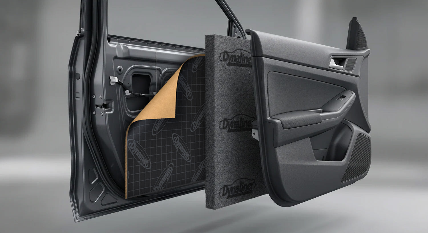 Exploded view of a car door showing butyl sound deadener bonded to the metal panel with acoustic foam layered over the top before the door card — the standard layered system for automotive sound deadening.