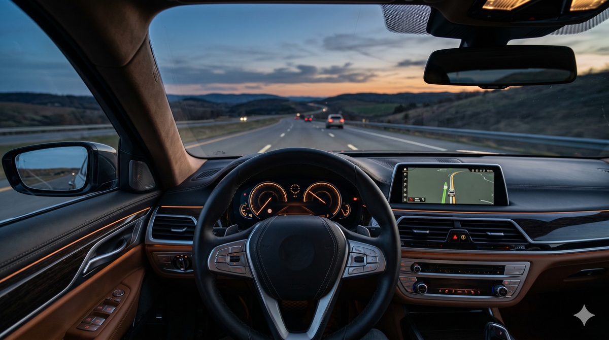Driver's view from inside a modern car cabin during a highway drive at dusk, showing a refined interior and open road ahead, illustrating the question: is Dynamat worth it for a quieter, more comfortable driving experience?