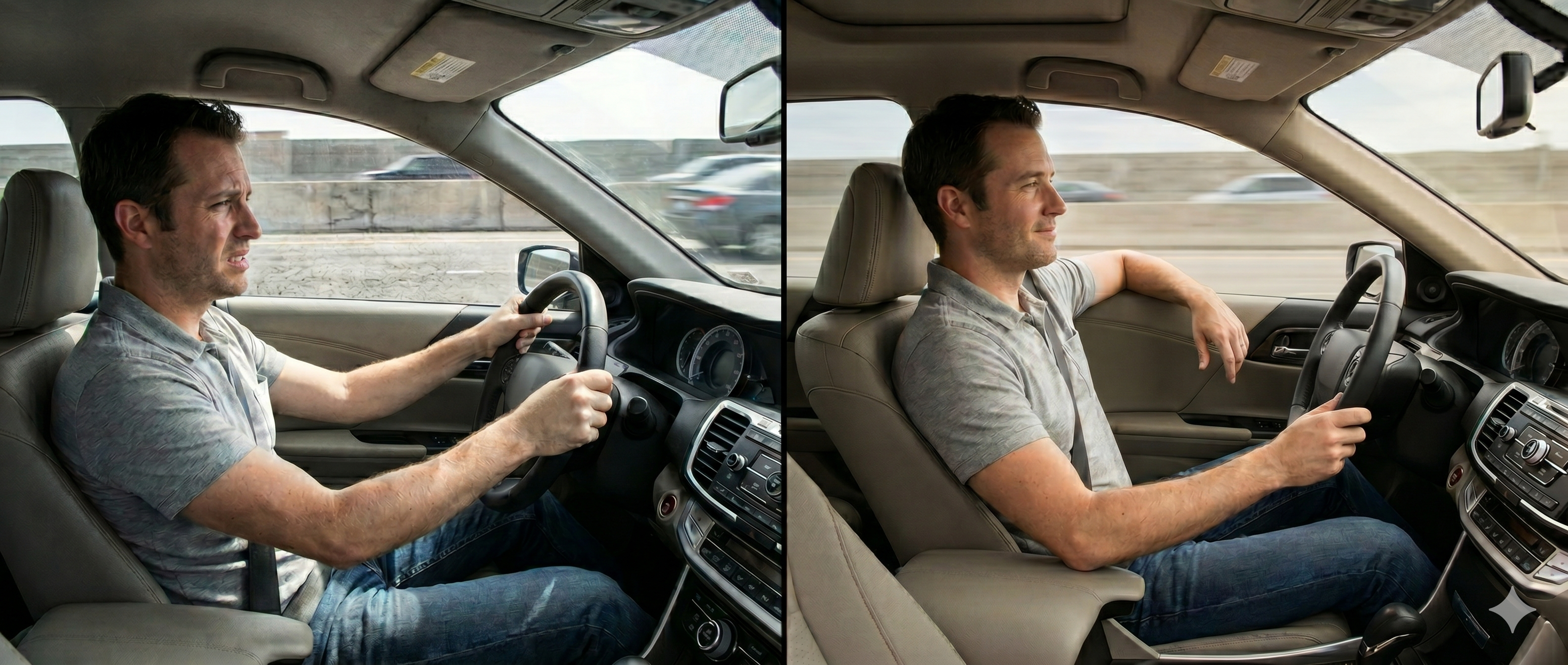 Split-screen highway driving comparison before and after car sound deadening. Image concept for "how much sound deadening do I need?"