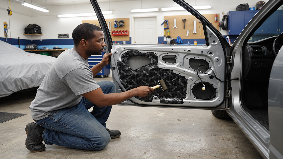 Technician applying sound-deadening material to the outer door skin and inner metal panel of a car door.