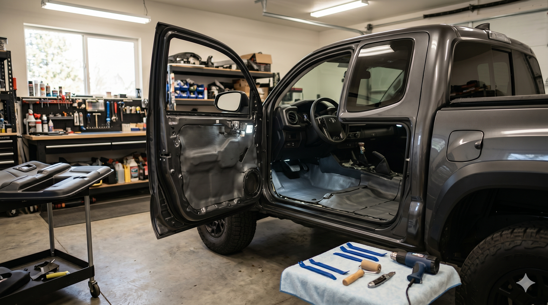 Tacoma sound deadening installation showing treated door panels and floor insulation inside a midsize pickup truck in a professional garage.