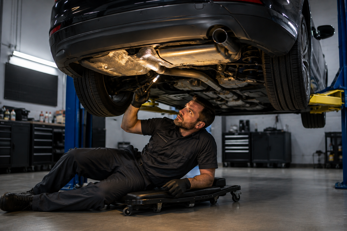 Mechanic inspecting a sedan’s exhaust and heat shield on a lift. Image concept for "why is my car making a rattling noise."