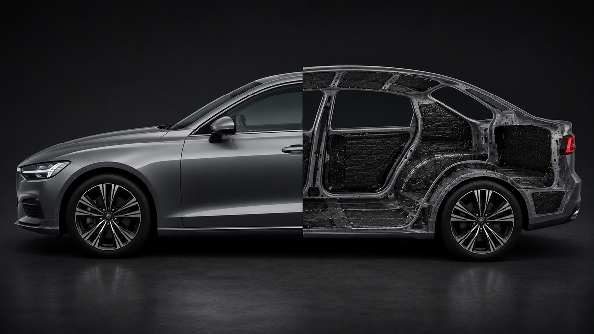 Split-view illustration of a modern sedan with one half showing the finished exterior and the other half revealing sound-deadening material installed inside the doors, floor, roof, wheel wells, and trunk to reduce cabin noise and vibration.
